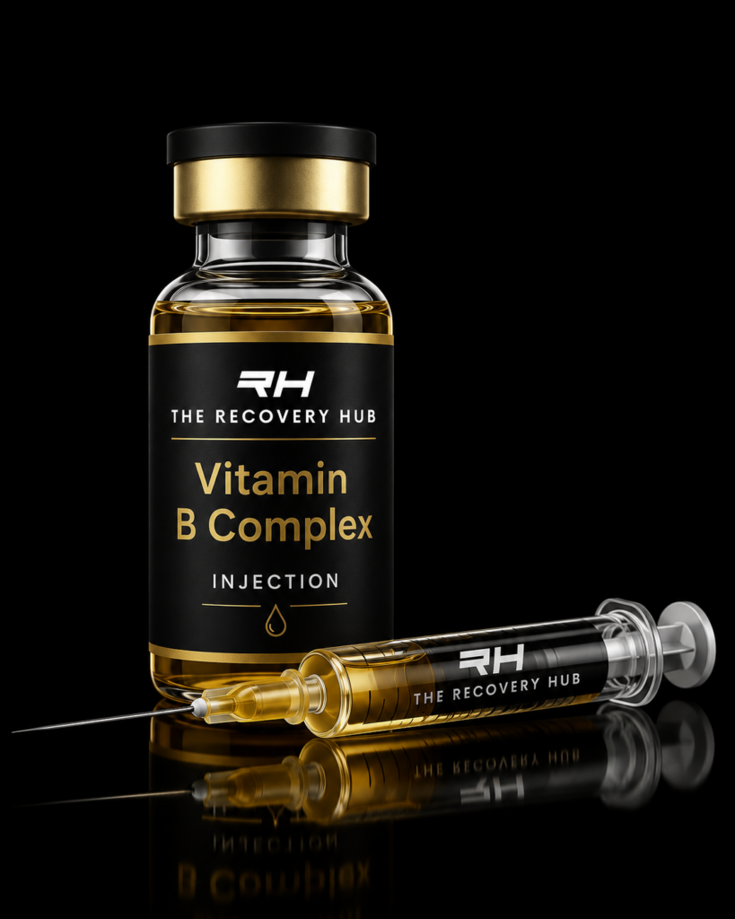 Vitamin B Complex injection vial and syringe with golden liquid and The Recovery Hub branding on a black background.