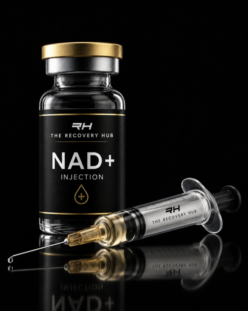NAD+ injection vial and syringe with The Recovery Hub branding on a black background.