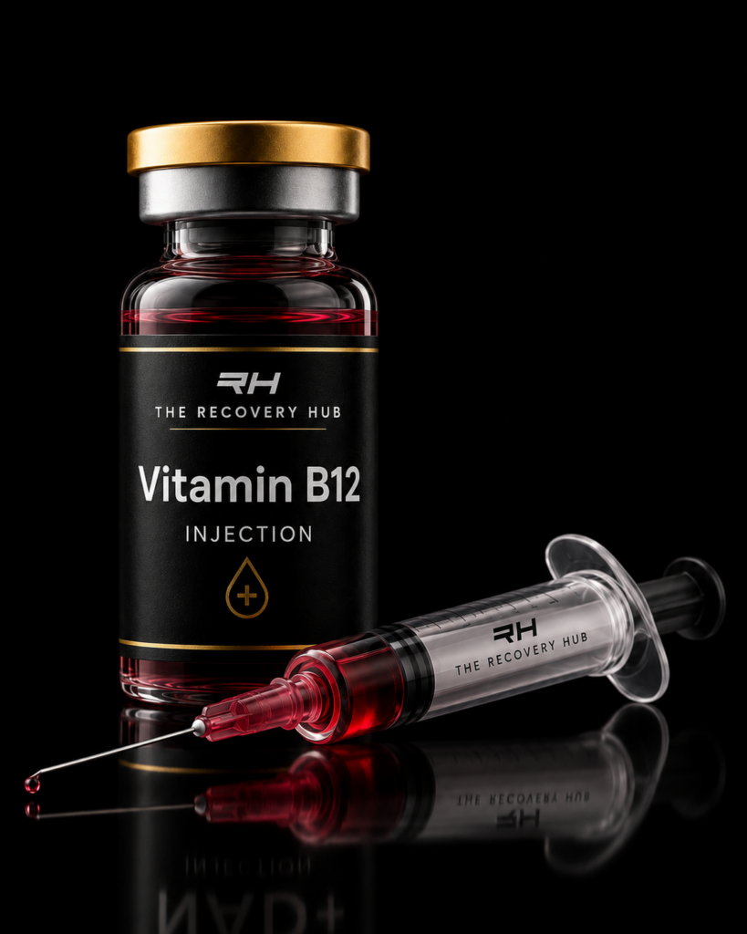 Vitamin B12 injection vial and syringe with red liquid and The Recovery Hub branding on a luxury black background.