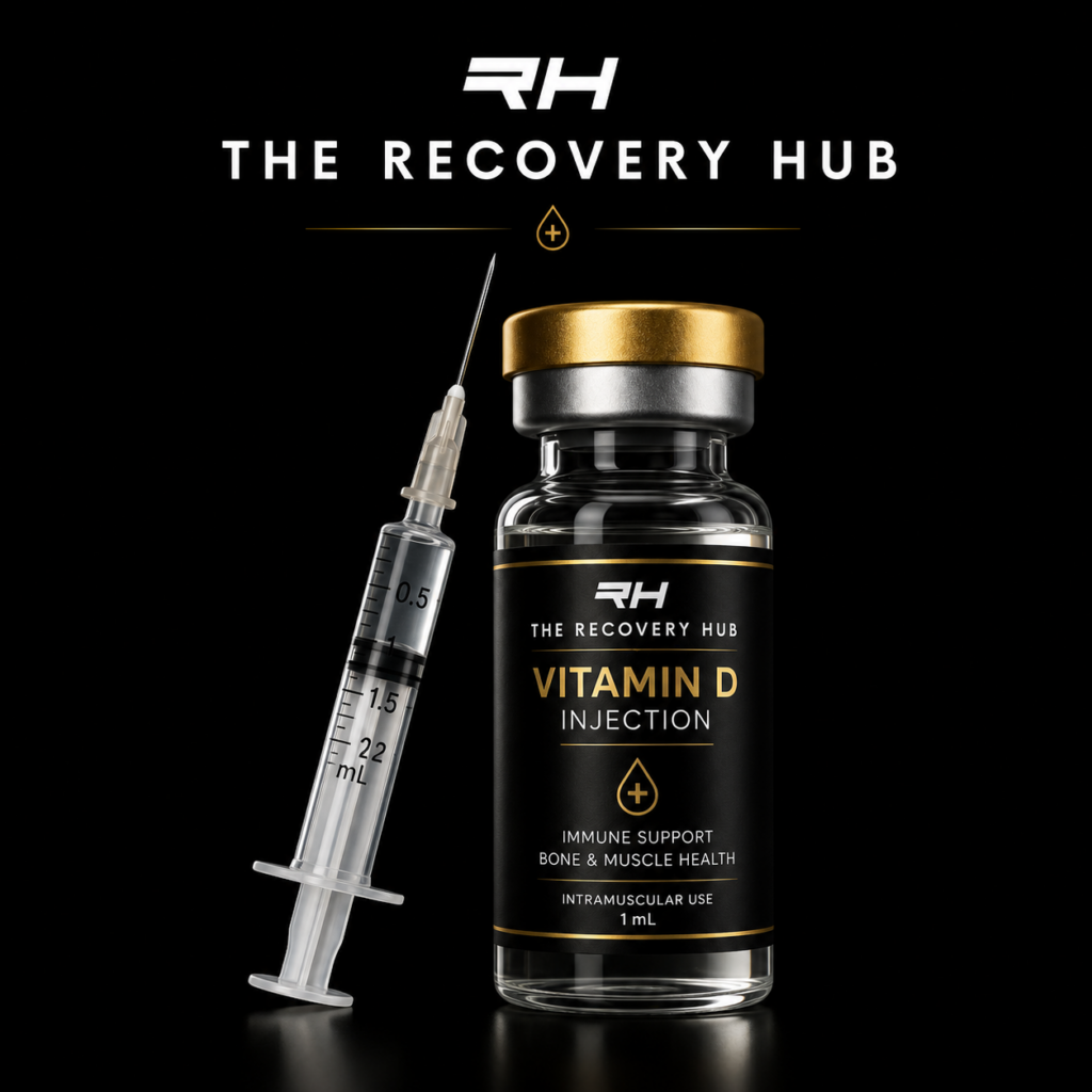 Vitamin D injection vial and syringe with The Recovery Hub branding on a premium black and gold background.