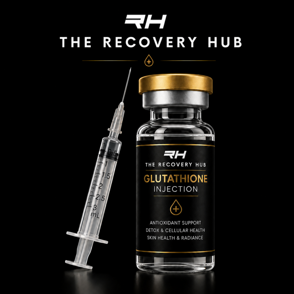 Glutathione injection vial and syringe with The Recovery Hub branding on a luxury black background.
