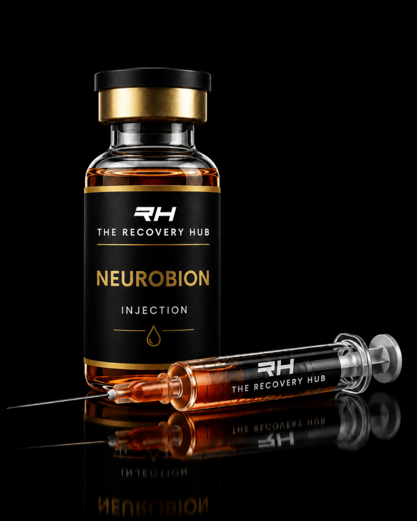 Neurobion injection vial and syringe with orange liquid and The Recovery Hub branding on a black luxury background.