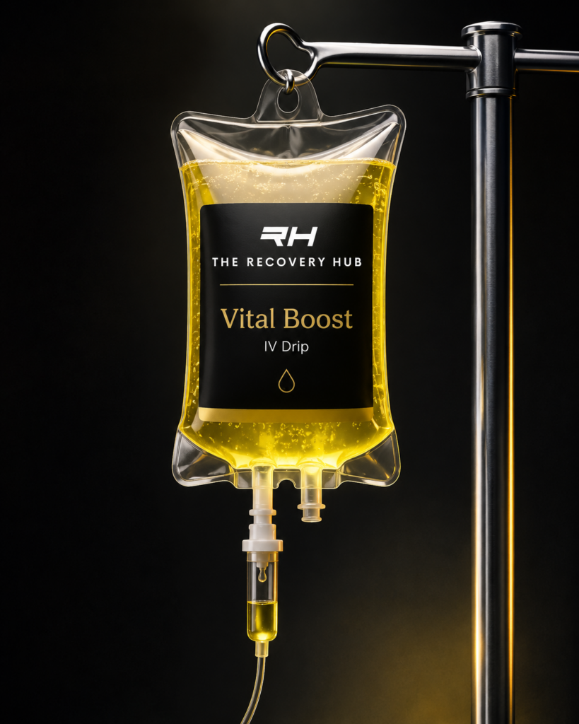 Vital Boost IV Bag Premium black and gold Vital Boost IV drip bag with yellow liquid, displayed on a chrome IV stand against a dark luxury clinic background.