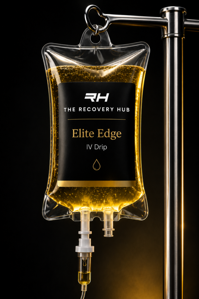 Elite Edge IV Bag Luxury Elite Edge IV drip bag with glowing gold liquid, black and gold Recovery Hub label, and a premium dark medical wellness aesthetic.