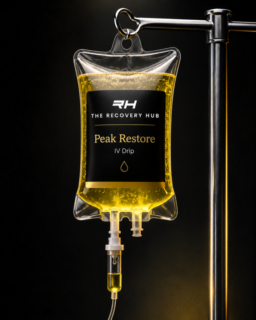 Peak Restore IV Bag Premium Peak Restore IV drip bag filled with bright yellow liquid, featuring The Recovery Hub branding on a black label with gold accents.