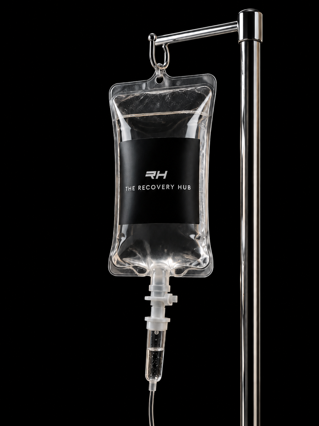 chrome IV stand against a dark luxury clinic background.